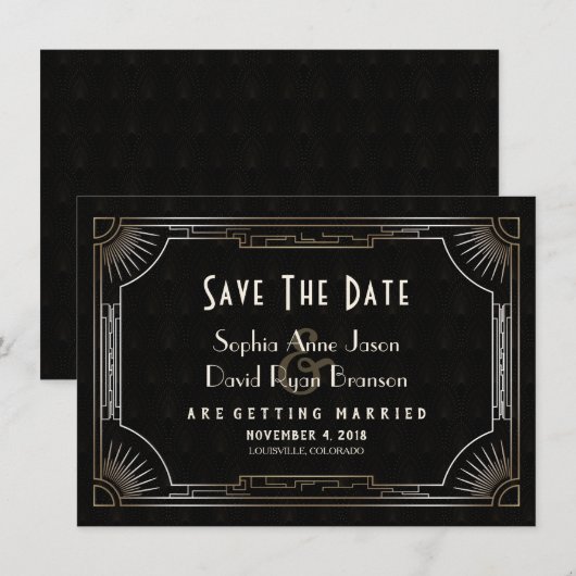 Glamoureus Great Gatsby Gold Art Deco Wedding Save The Date (Voorkant / Achterkant)