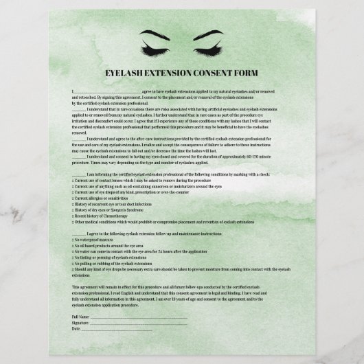 Glamoureus Green EYELASH EXTENSION CONSENT FORM Flyer (Voorkant)