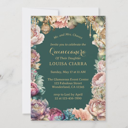 Glamoureus Groen Goud Sparkle Bloemen Quinceanera Kaart (Voorkant)