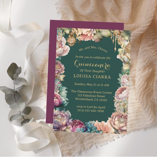 Glamoureus Groen Goud Sparkle Bloemen Quinceanera Kaart