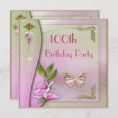 Glamoureus Key, Magnolia & Butterfly 100th Birthda Kaart (Voorkant / Achterkant)