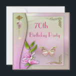 Glamoureus Key, Magnolia & Butterfly 70th Birthday Kaart<br><div class="desc">Uitnodigingen van het mooie 70ste verjaardagsfeest van vrouwen. Elegante en glamoureuze moderne roze, gouden en groene uitnodigingen met roze magnoliumbloemen, een stijlvolle, romantische hartvormige gedrukte sleutel, een schattige vlinder en , goudzirels en bloederige kunstdecoachtige lettertypen. Deze kleine, stijlvolle, fashioneerbare, girale uitnodigingen zijn aan beide zijden versierd en hebben een platte...</div>