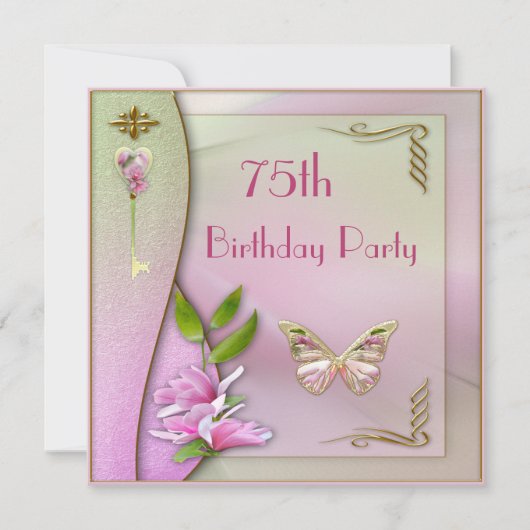 Glamoureus Key, Magnolia & Butterfly 75th Birthday Kaart (Voorkant)