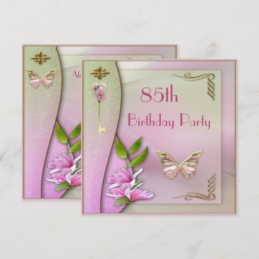 Glamoureus Key, Magnolia & Butterfly 85th Birthday Kaart (Voorkant / Achterkant)