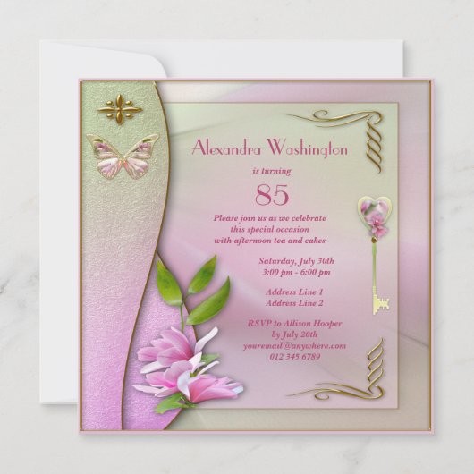 Glamoureus Key, Magnolia & Butterfly 85th Birthday Kaart (Achterkant)