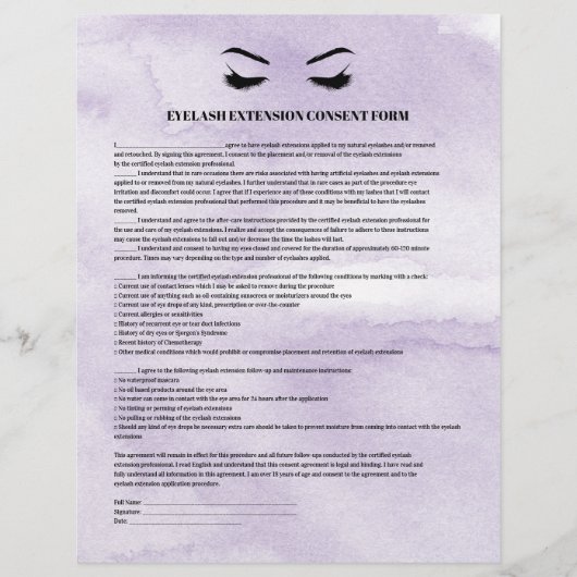 Glamoureus Lila EYELASH EXTENSION CONSENT FORM Flyer (Voorkant)