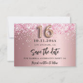 Glamoureus met zoete 16 zwarte roze glitter save the date (Voorkant)