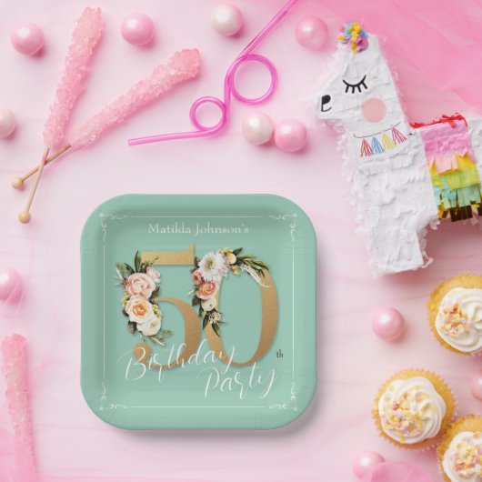 Glamoureus Mint 50th Birthday Gold Floral  Papieren Bordje (Feest)