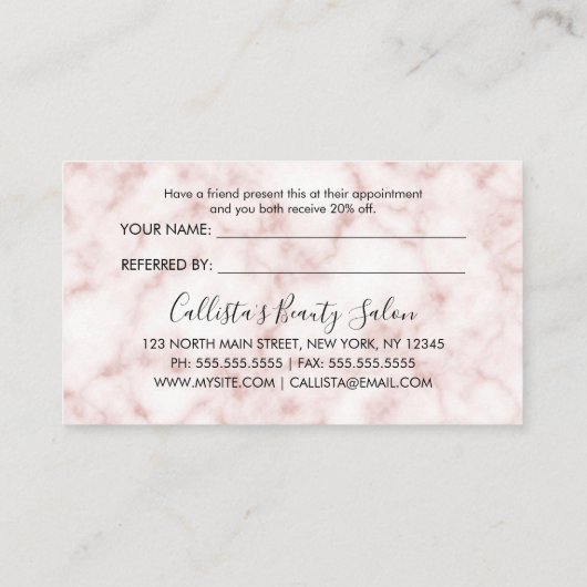 Glamoureus Modern Chic Roos Goud Glitter Marmer Aanbevelingskaartje (Achterkant)