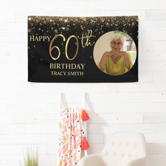 Glamoureus Photo Black Gold Glitter 60th Birthday Spandoek (Insitu)