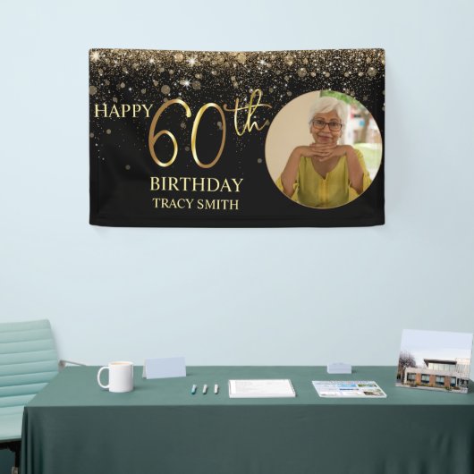 Glamoureus Photo Black Gold Glitter 60th Birthday Spandoek (Beurs)