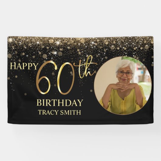Glamoureus Photo Black Gold Glitter 60th Birthday Spandoek (Horizontaal)