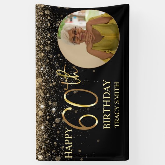 Glamoureus Photo Black Gold Glitter 60th Birthday Spandoek (Verticaal)
