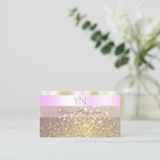 Glamoureus Pink and Gold Sparking Glitter Monogram Visitekaartje (Staand voorkant)