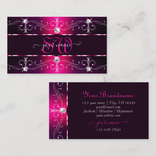 Glamoureus Pink Burgundy  Borders Monogram Visitekaartje (Voorkant / Achterkant)