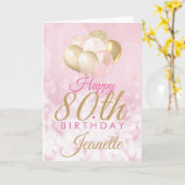 Glamoureus Pink Glitter Balloons 80th Birthday Kaart (Gele Bloem)