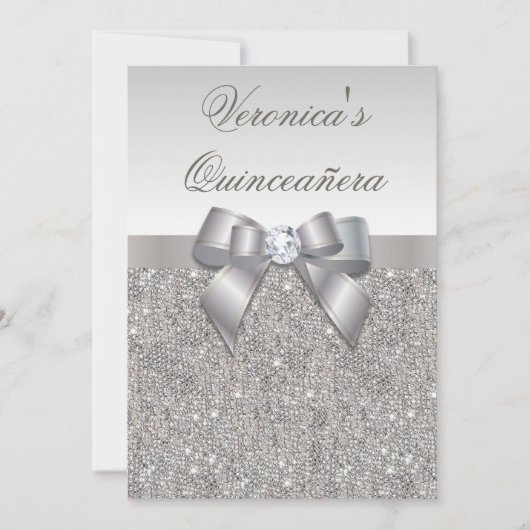 Glamoureus Quinceañera Faux Silver Sequins en Bow Kaart (Voorkant)