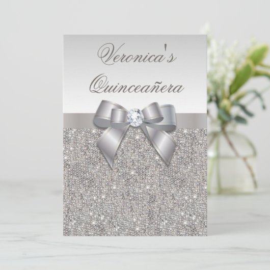 Glamoureus Quinceañera Faux Silver Sequins en Bow Kaart (Staand voorkant)