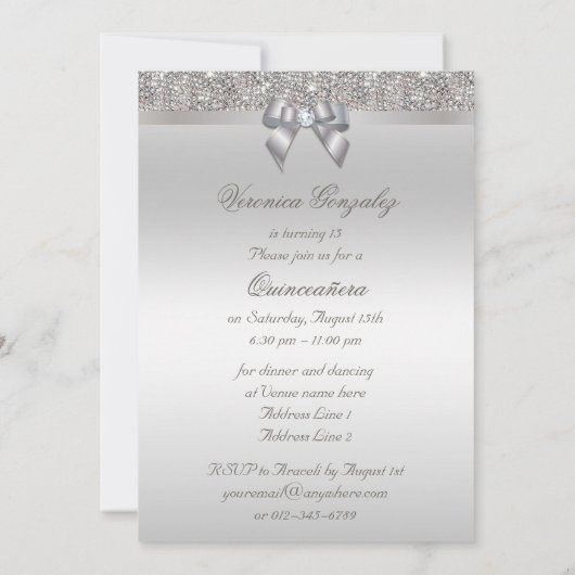 Glamoureus Quinceañera Faux Silver Sequins en Bow Kaart (Achterkant)