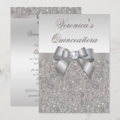 Glamoureus Quinceañera Faux Silver Sequins en Bow Kaart (Voorkant / Achterkant)