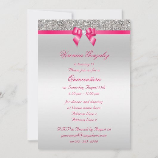 Glamoureus Quinceañera Silver Sequins Hot Pink Bow Kaart (Achterkant)