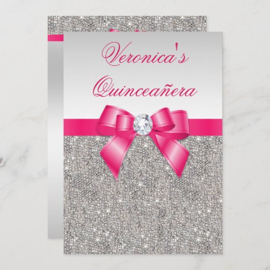 Glamoureus Quinceañera Silver Sequins Hot Pink Bow Kaart (Voorkant / Achterkant)