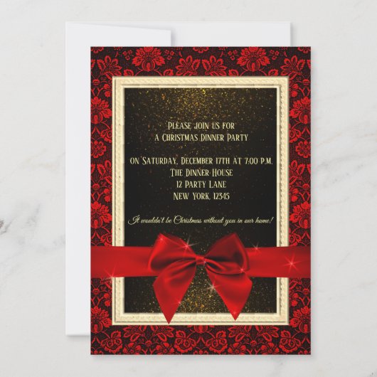 Glamoureus Red Damask-kerstdiner Kaart (Achterkant)