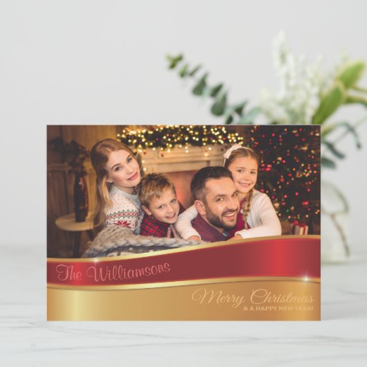 Glamoureus Red- en Gold-kerstfoto Feestdagenkaart (Staand voorkant)