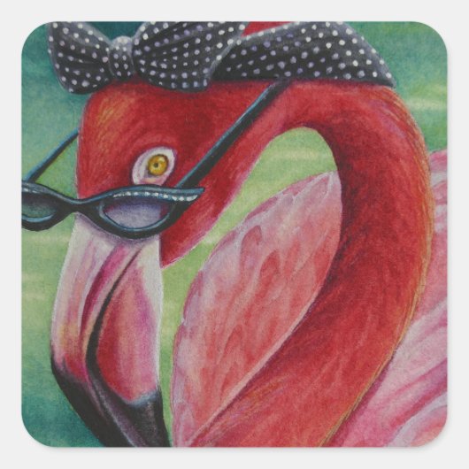 Glamoureus Retro Pink Flamingo No. 1 Waterverf Art Vierkante Sticker (Voorkant)