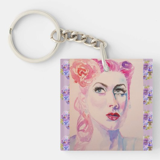 Glamoureus Retro Woman  Paarse Waterverf Sleutelhanger (voorkant)