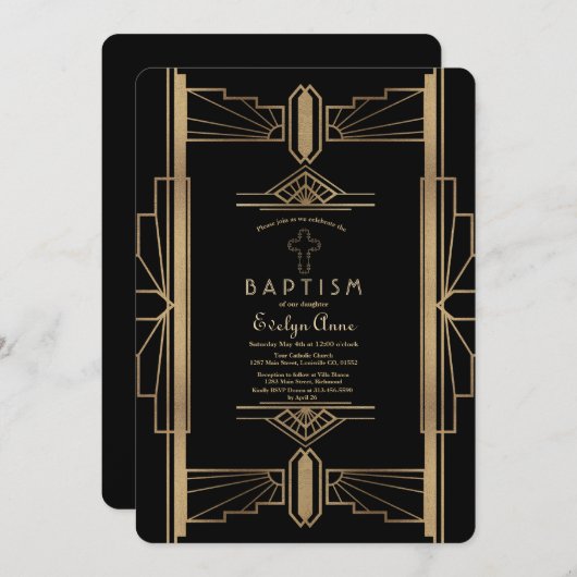 Glamoureus Roaring 20: Grote Gatsby Baptism Invite Kaart (Voorkant / Achterkant)