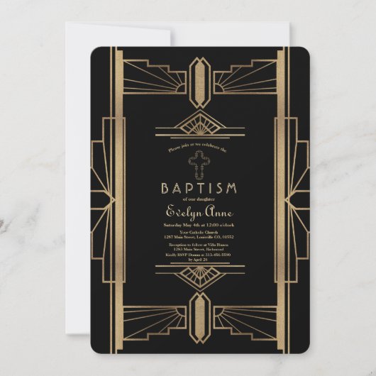 Glamoureus Roaring 20: Grote Gatsby Baptism Invite Kaart (Voorkant)