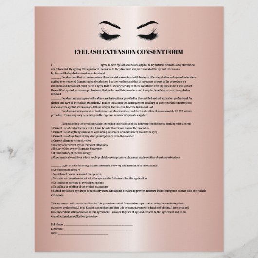 Glamoureus roos Gold EYELASH EXTENSION CONSENT FOR Flyer (Voorkant)