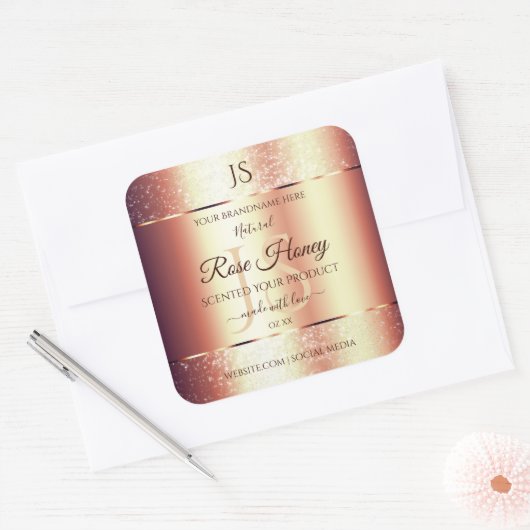 Glamoureus Roos Gold Glitter Initialen Productlabe Vierkante Sticker (Envelop)