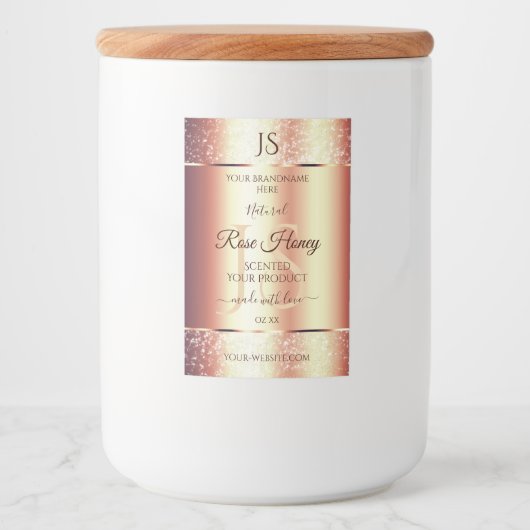 Glamoureus Roos Gold Glitter Initialen Productlabe Voedselcontainer Etiket (Voorkant)