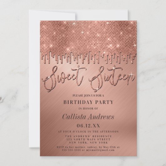 Glamoureus Roos Gold Glitter Pixels Sweet 16 Kaart (Voorkant)