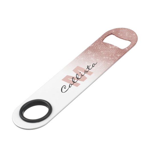 Glamoureus Roos Gold Glitter Sequin Ombre Monogram Speed Flessenopener (Voorkant Gekanteld)