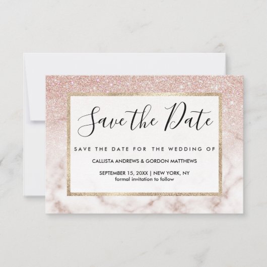 Glamoureus Roos Gold White Glitter Marble Gradient Save The Date (Voorkant)