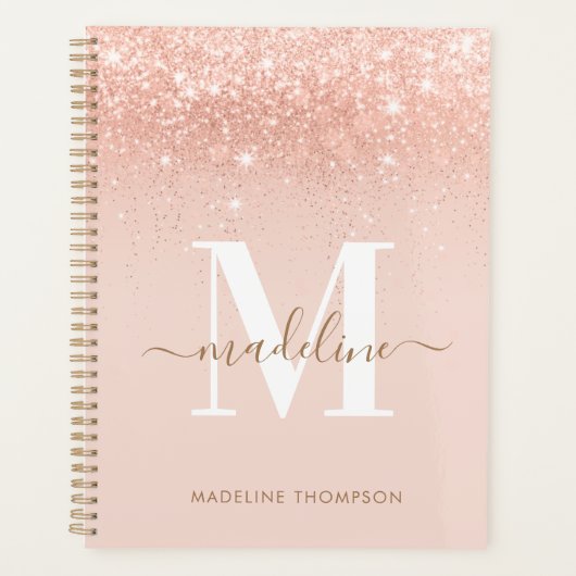 Glamoureus Rosegold Glitter Elegant Script Monogra Planner (Voorkant)