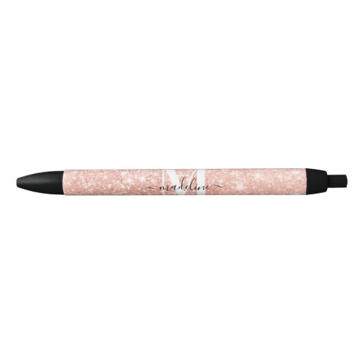 Glamoureus Rosegold Glitter Elegant Script Monogra Zwarte Inkt Pen (Voorkant)