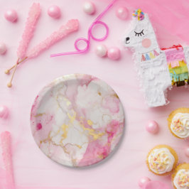 Glamoureus roze en goudmarmer effect papieren bordje