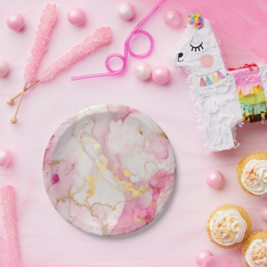 Glamoureus roze en goudmarmer effect papieren bordje (Feest)