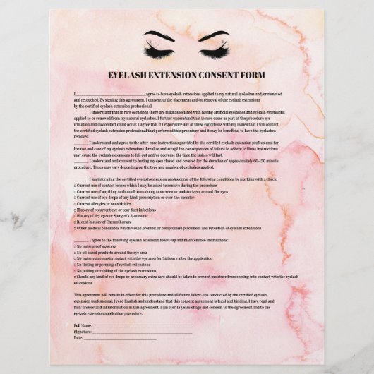 Glamoureus roze EYELASH EXTENSION CONSENT FORM Flyer (Voorkant)