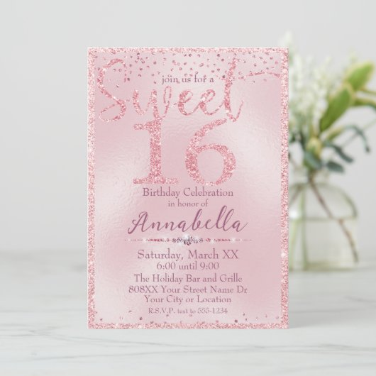 Glamoureus Roze Glitter Sweet 16 Verjaardag Kaart (Staand voorkant)