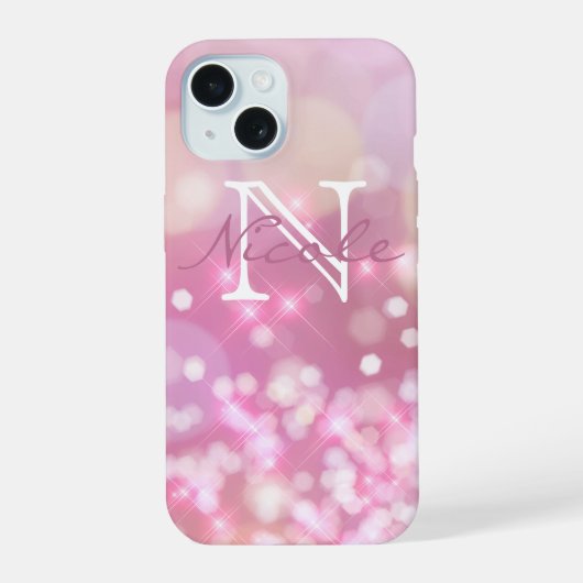 Glamoureus roze Sparkles Monogram iPhone 15 Case (Achterkant)