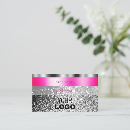 Glamoureus roze zilver mousserend glitter met Logo Visitekaartje (Staand voorkant)