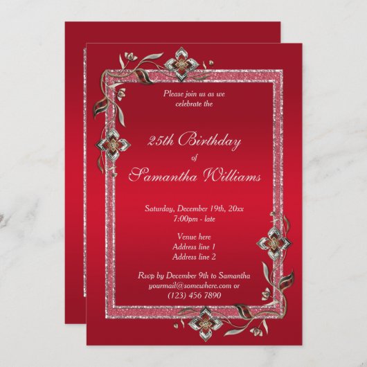 Glamoureus Ruby Red Pareltjes & Glitter Birthday Kaart (Voorkant / Achterkant)