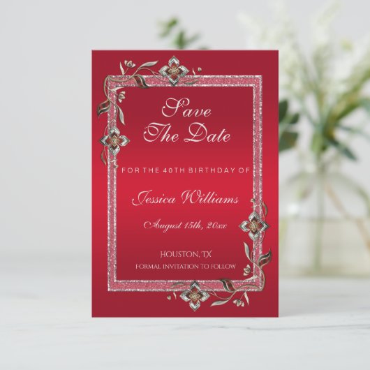 Glamoureus Ruby Red Pareltjes & Glitter Birthday Save The Date (Staand voorkant)