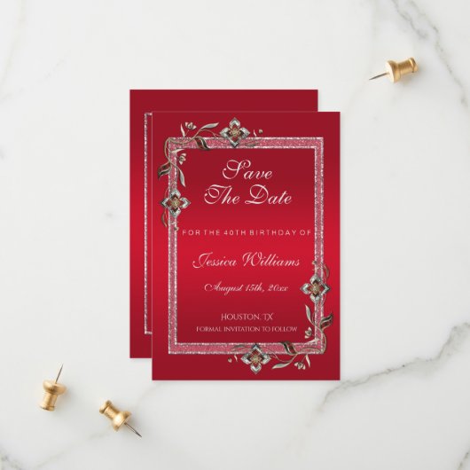 Glamoureus Ruby Red Pareltjes & Glitter Birthday Save The Date (Voorkant / Achterkant in situ)