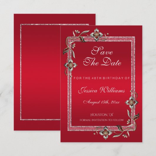 Glamoureus Ruby Red Pareltjes & Glitter Birthday Save The Date (Voorkant / Achterkant)